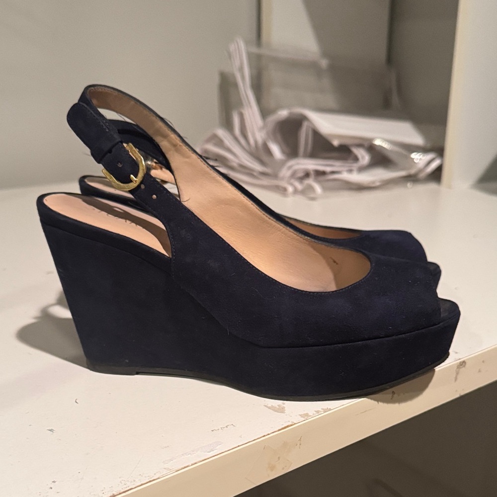 Stuart Weitzman Navy Suede Wedge Slingbacks